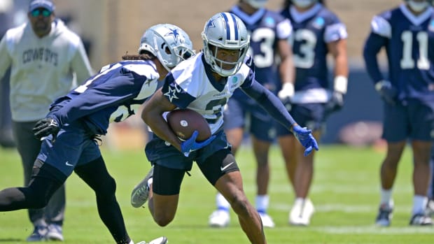 Jul 26, 2023; Oxnard, CA, USA; Dallas Cowboys wide receiver Brandin Cooks (3) carries the ball during a training camp drill at River Ridge Playing Fields in Oxnard, CA. Mandatory Credit: Jayne Kamin-Oncea-USA TODAY Sports